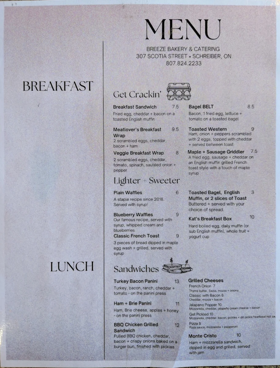 Menu, Breeze Bakery & Catering