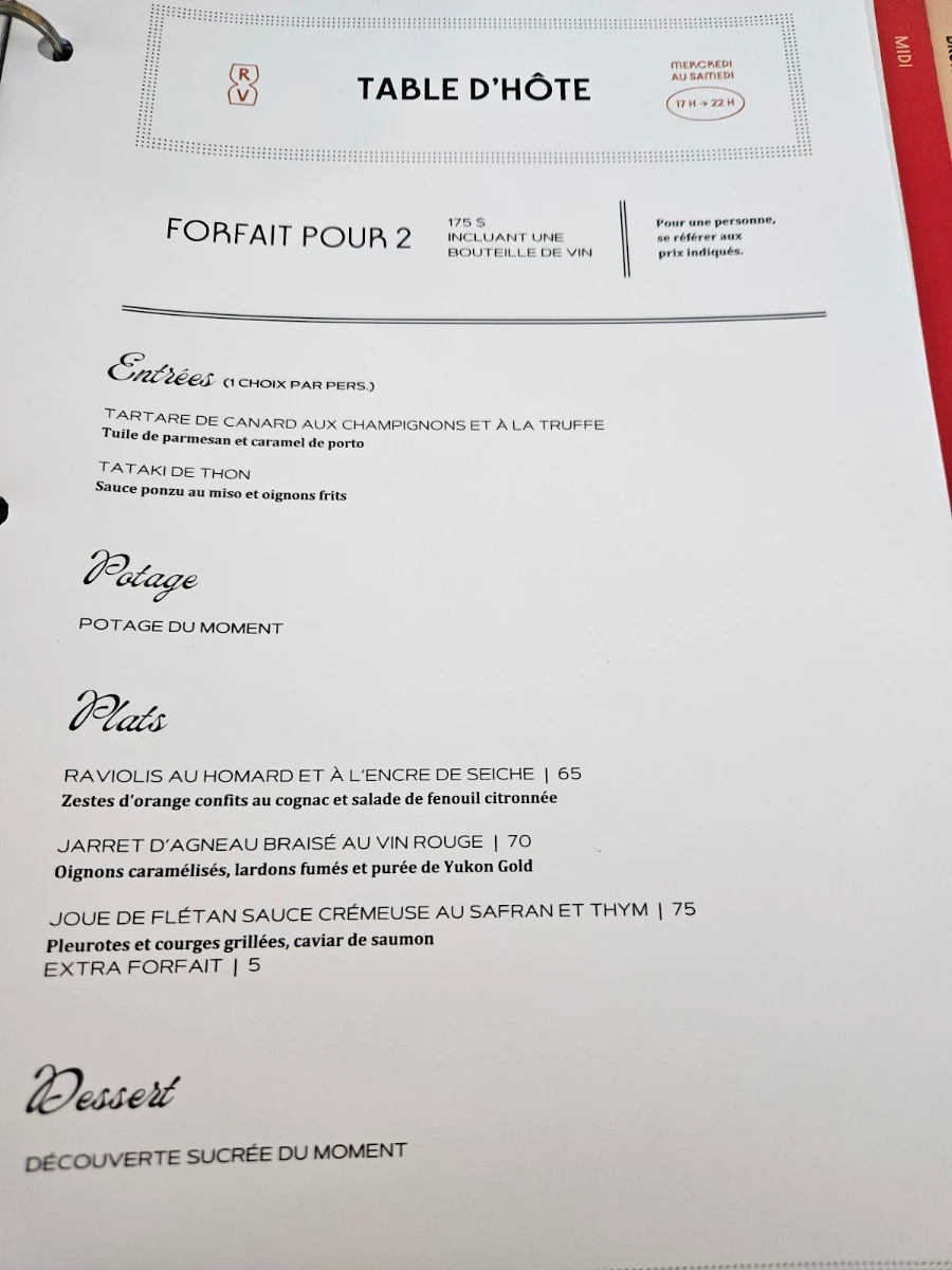 Menu, Restaurant Le Rouge Vin