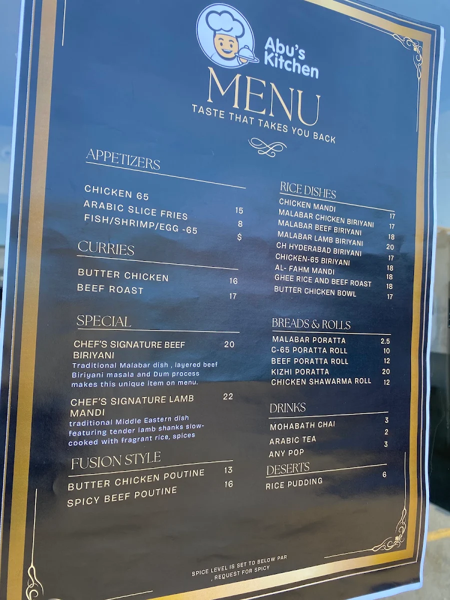 Menu, Abu's Kitchen