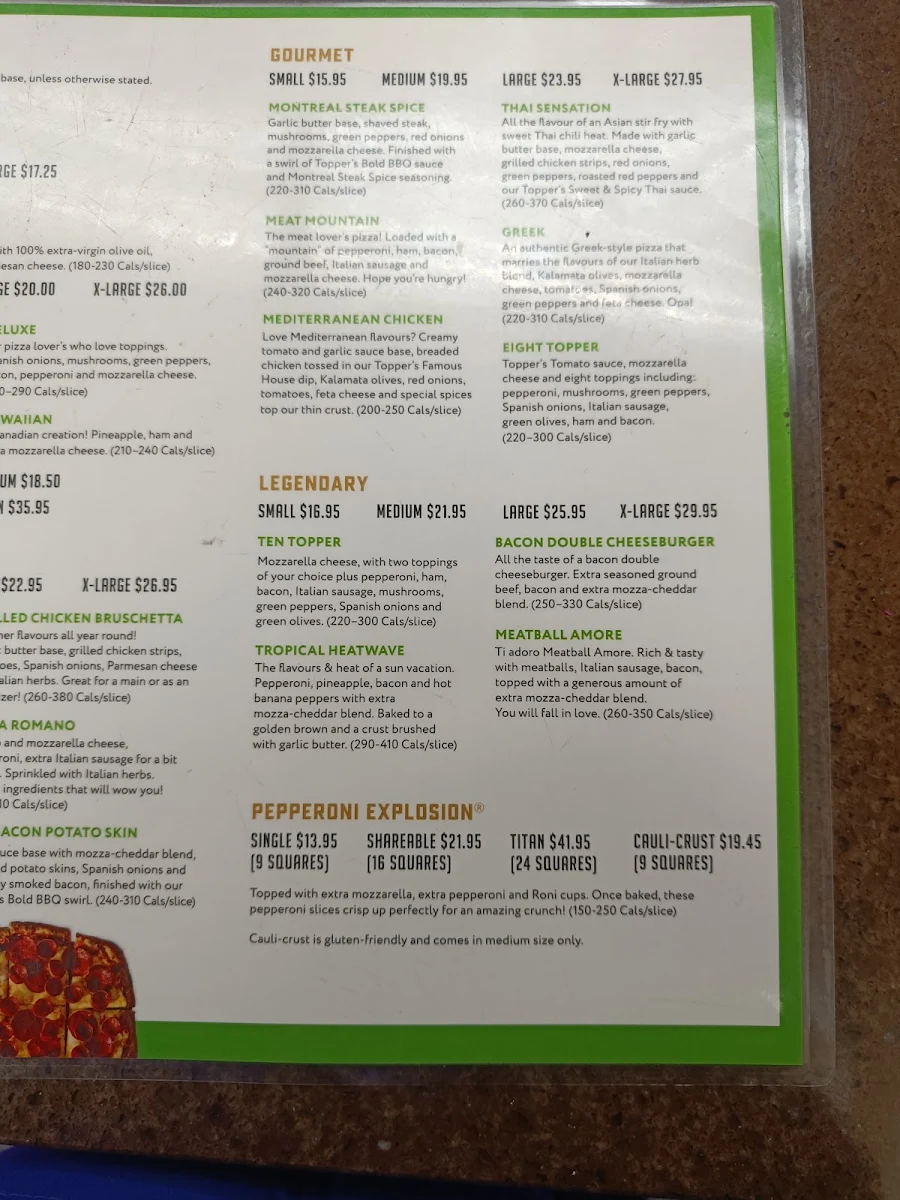 Menu, Topper's Pizza — Kitchener