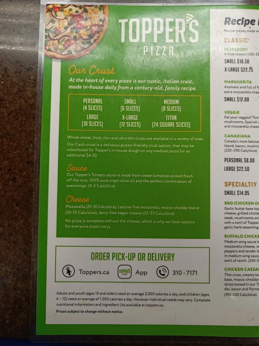 Menu, Topper's Pizza — Kitchener