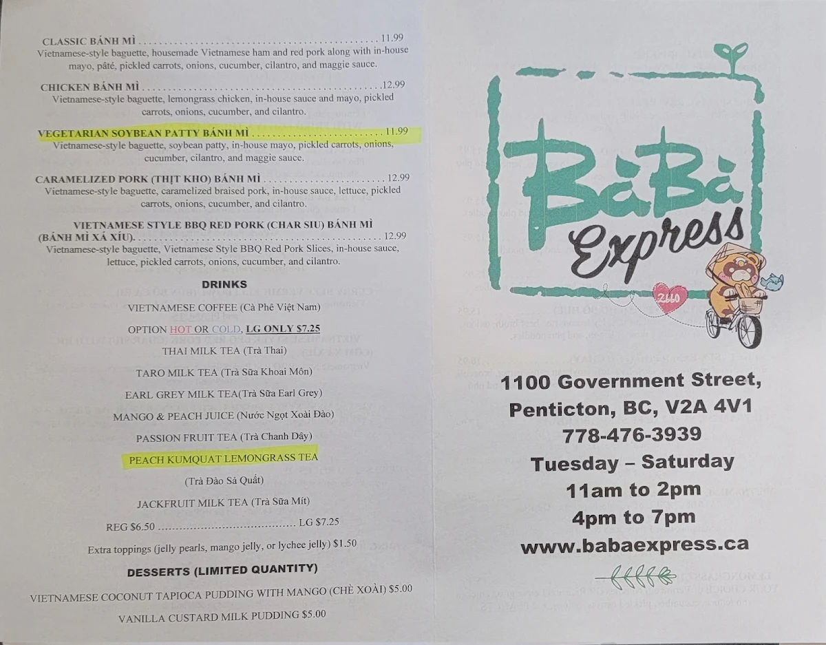 Menu, BaBa Express