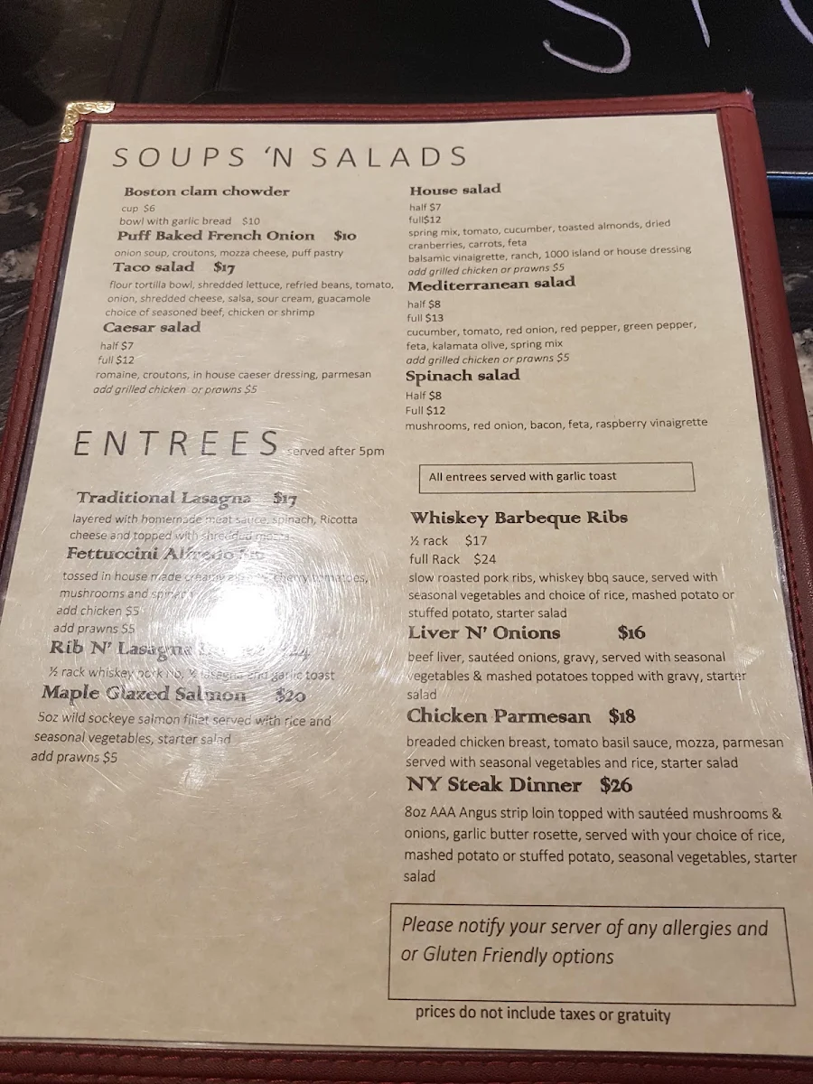 Menu, Hideaway Public House