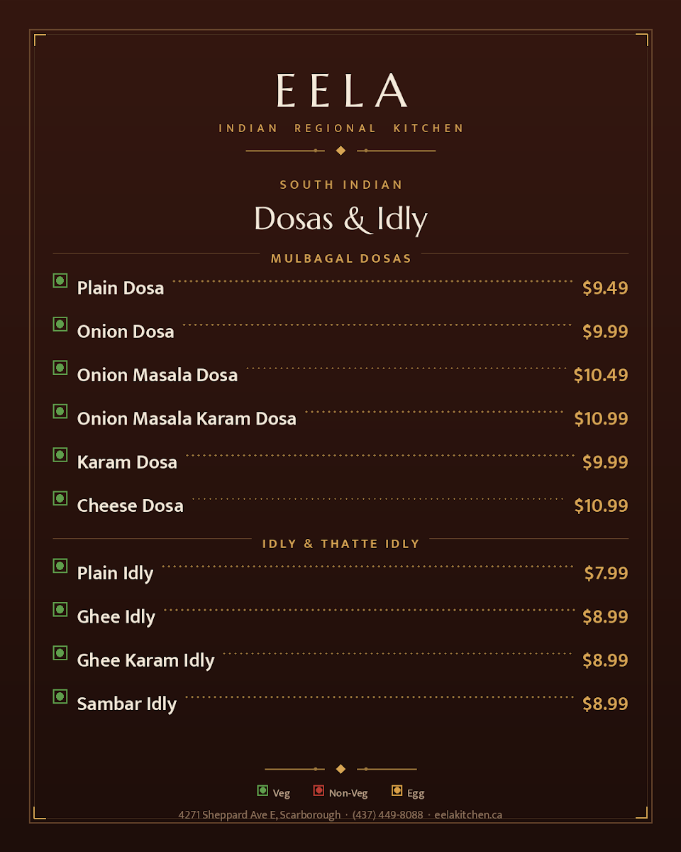 Menu, Eela - Indian Regional Kitchen & Bar