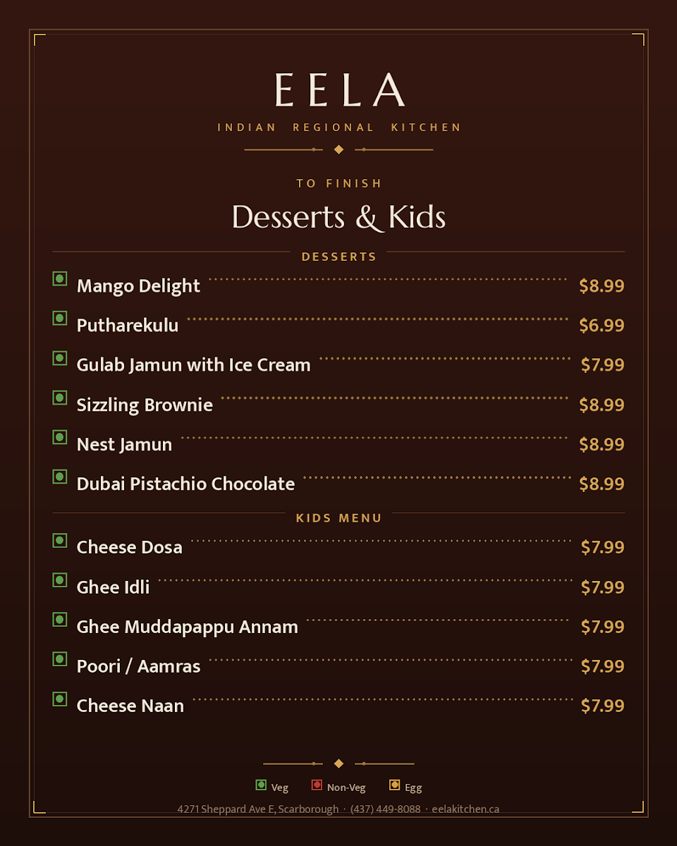 Menu, Eela - Indian Regional Kitchen & Bar