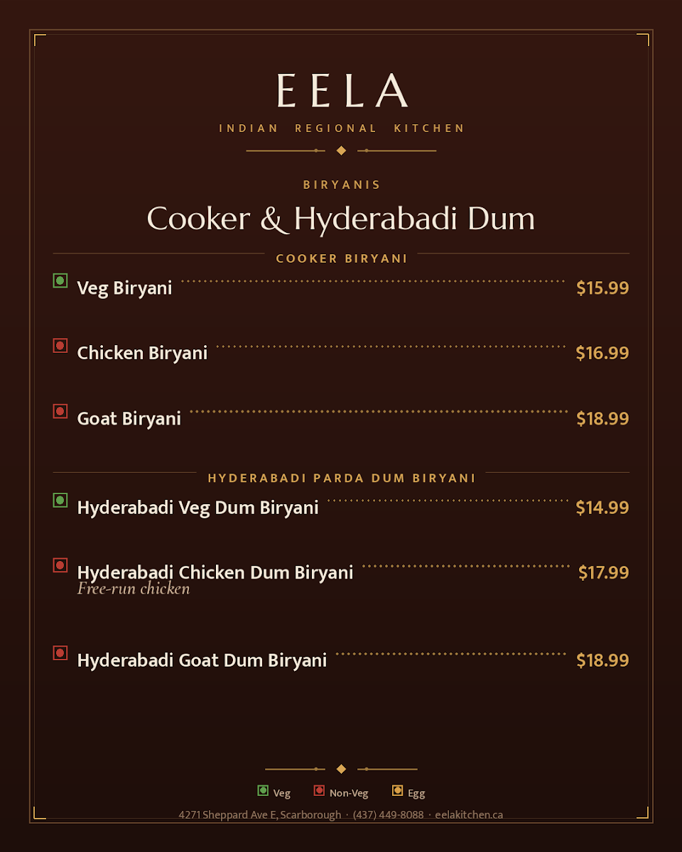 Menu, Eela - Indian Regional Kitchen & Bar