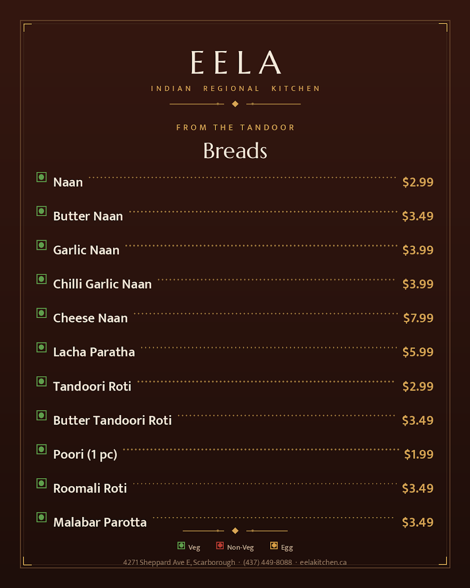 Menu, Eela - Indian Regional Kitchen & Bar
