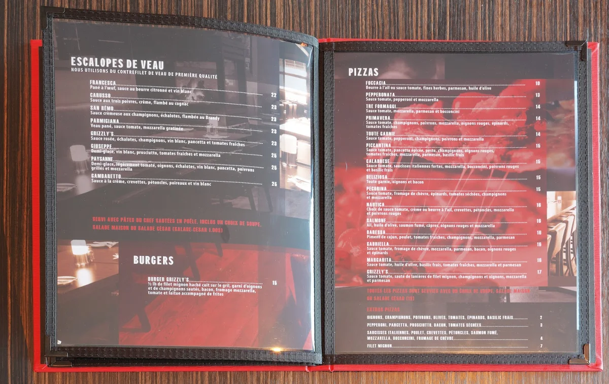 Menu, Grizzly's