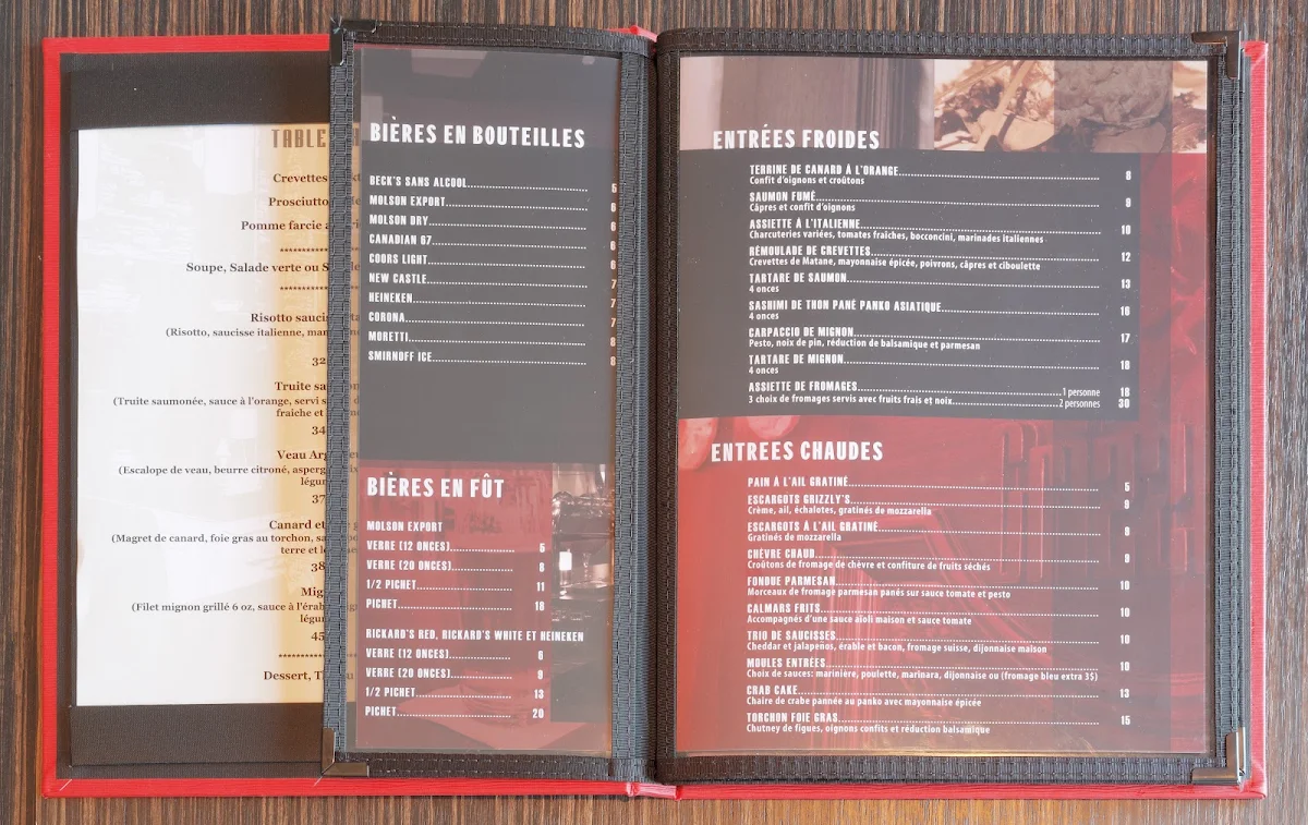 Menu, Grizzly's