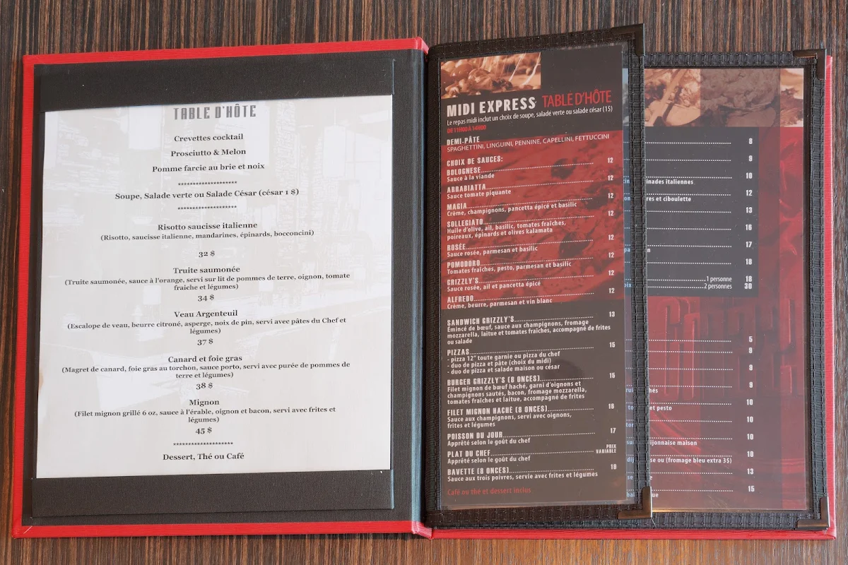 Menu, Grizzly's