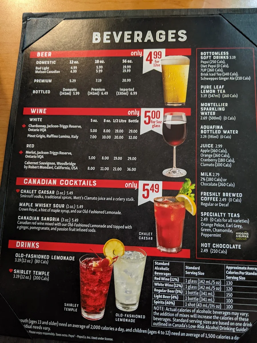 Menu, Swiss Chalet