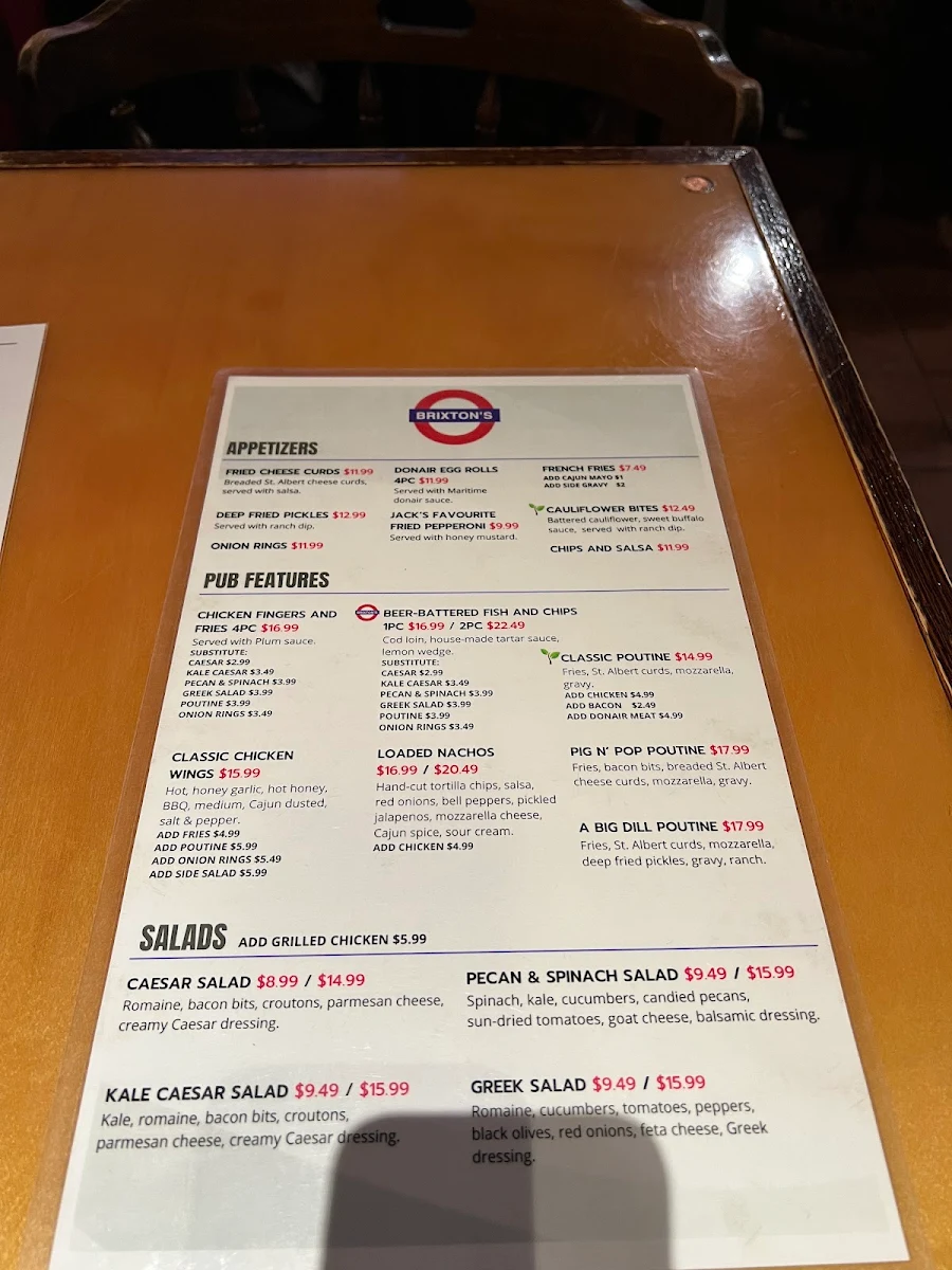 Menu, Brixton's British Pub