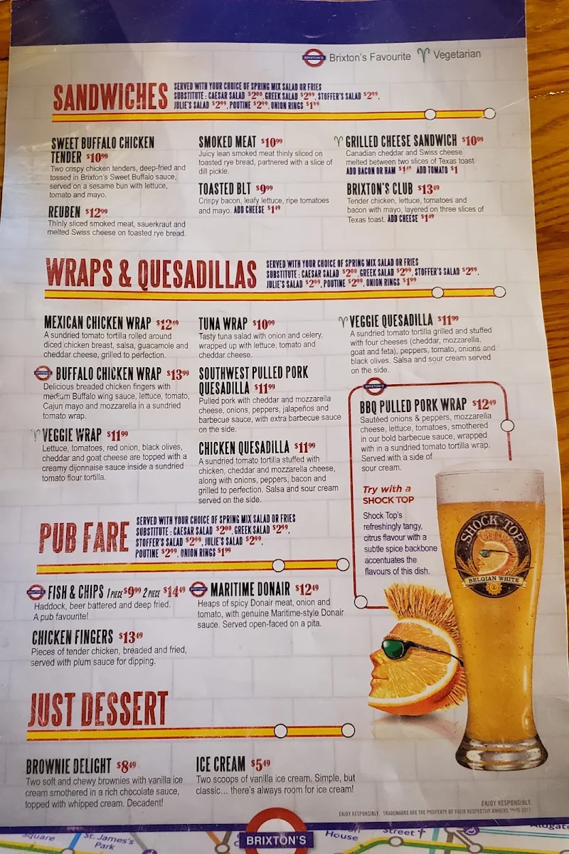 Menu, Brixton's British Pub