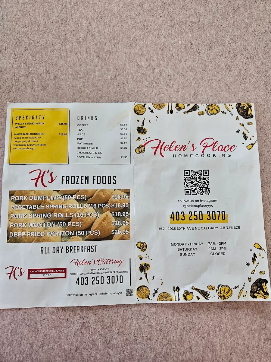 Menu, Helen's Place