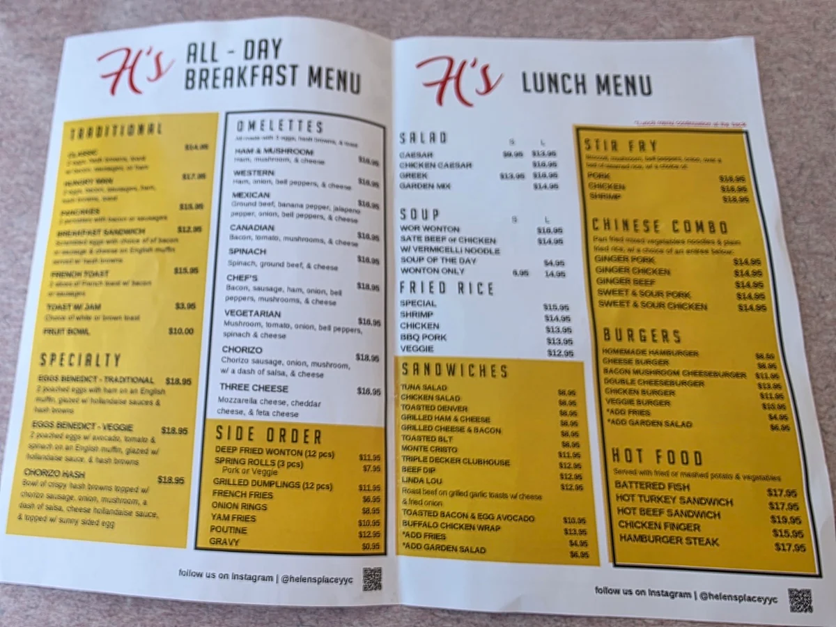Menu, Helen's Place