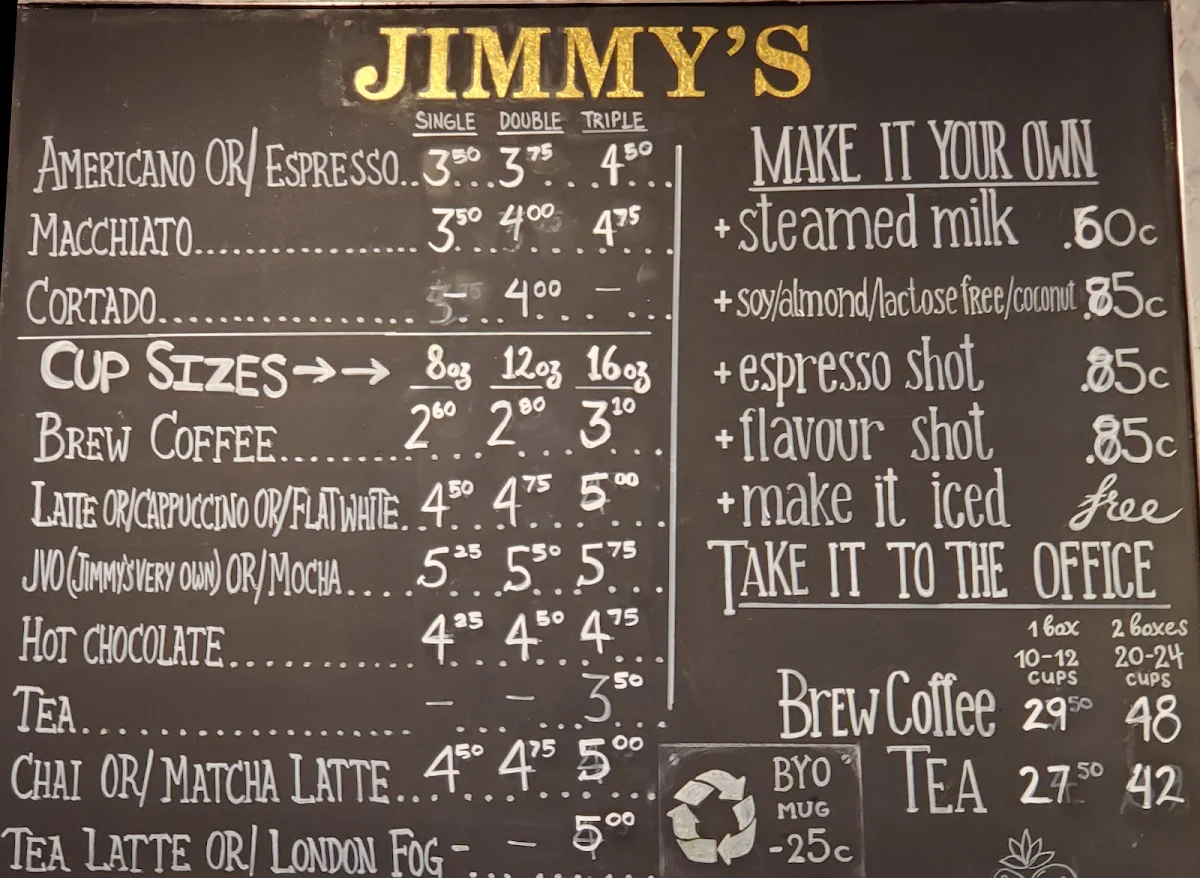 Menu, Jimmy's Coffee