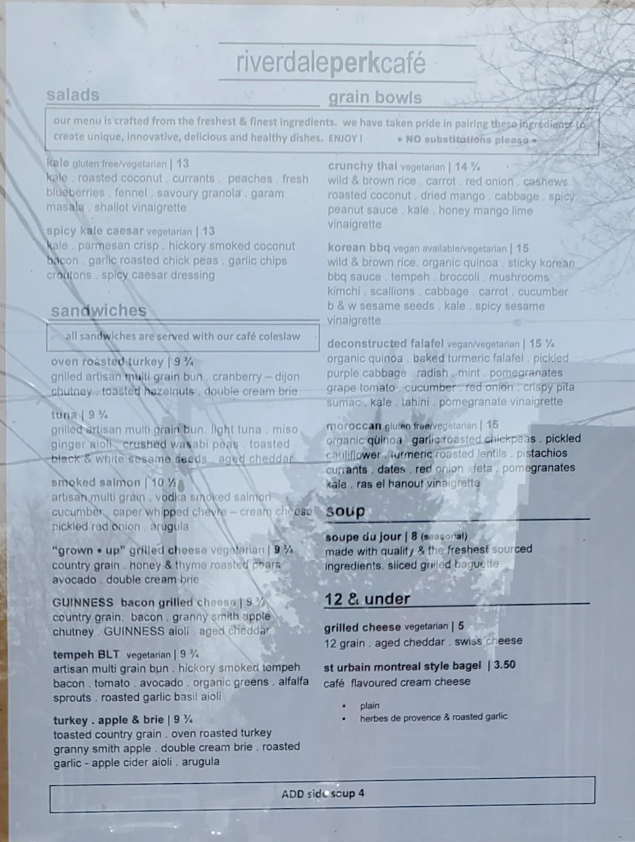 Menu, Riverdale Perk Cafe