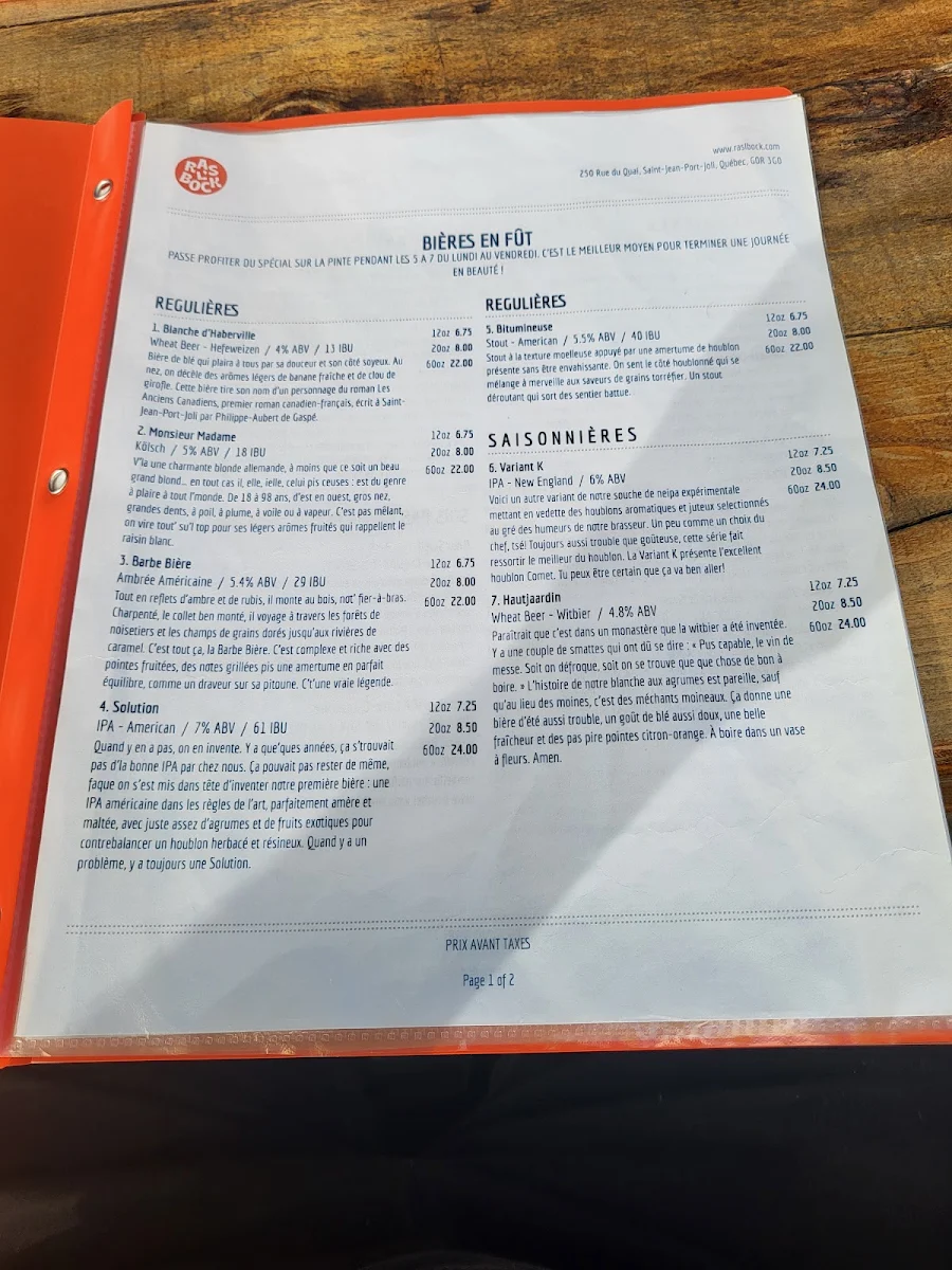Menu, Ras L'Bock - Artisan Brasseurs (Pub)