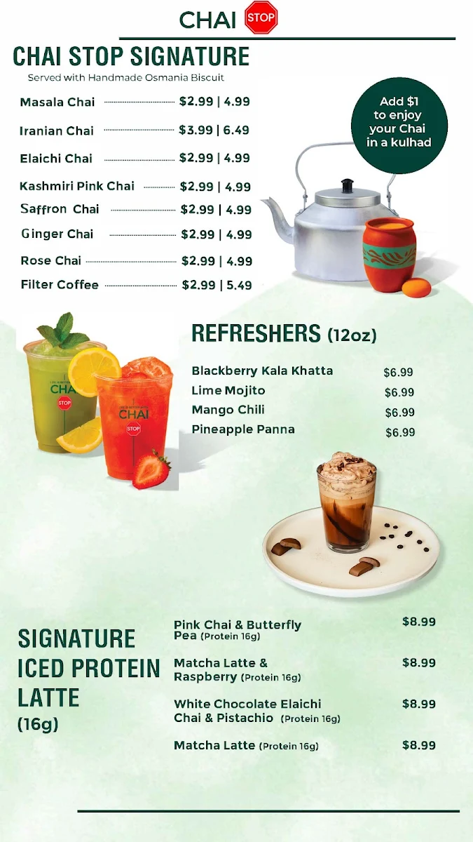 Menu, Chai Stop