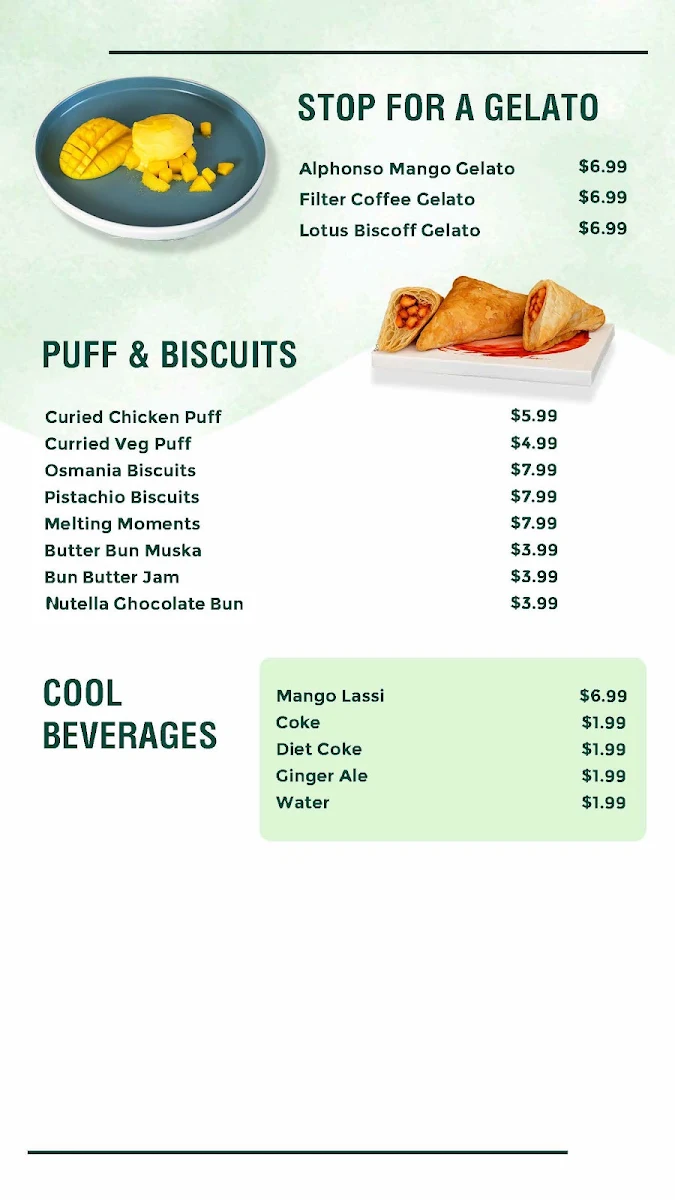 Menu, Chai Stop