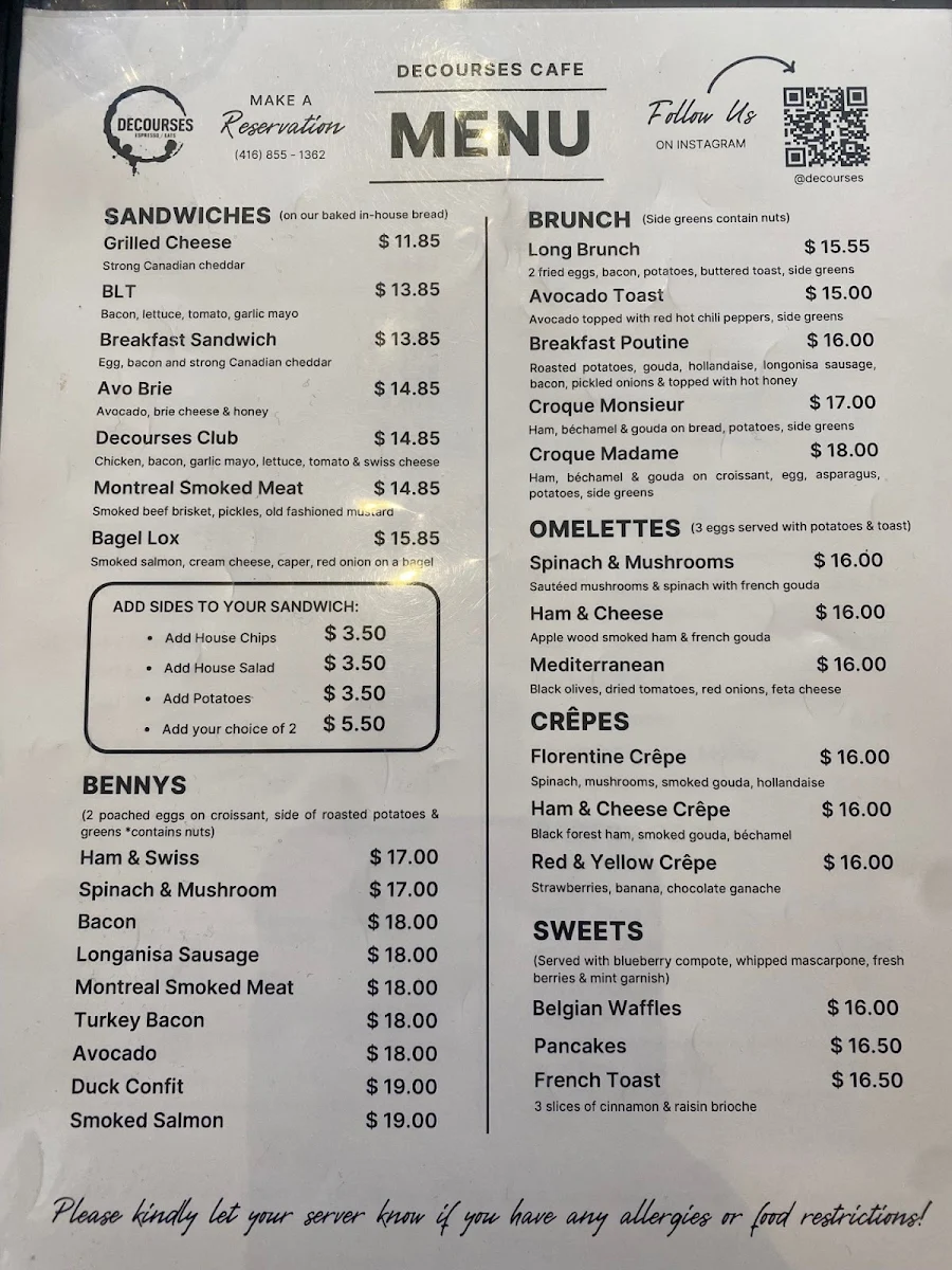 Menu, Decourses Café