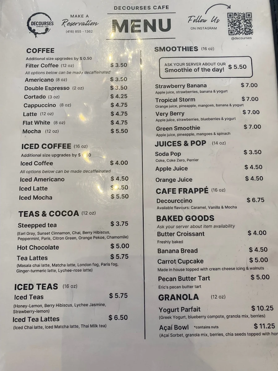 Menu, Decourses Café