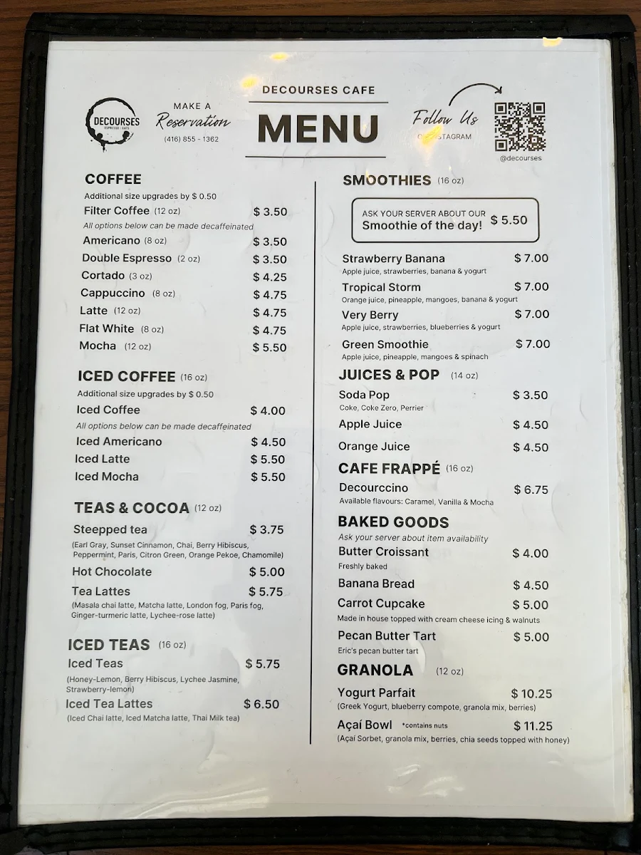Menu, Decourses Café
