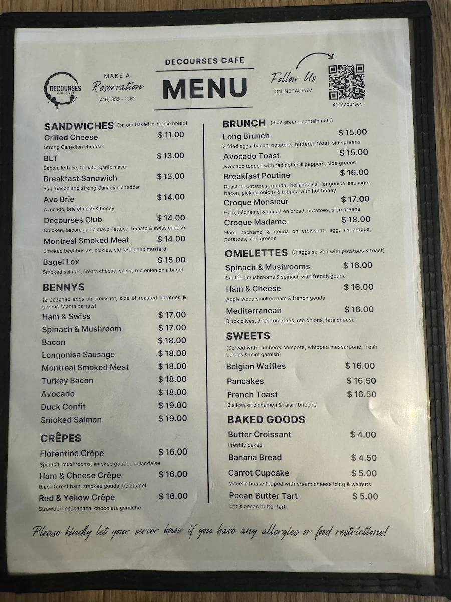 Menu, Decourses Café