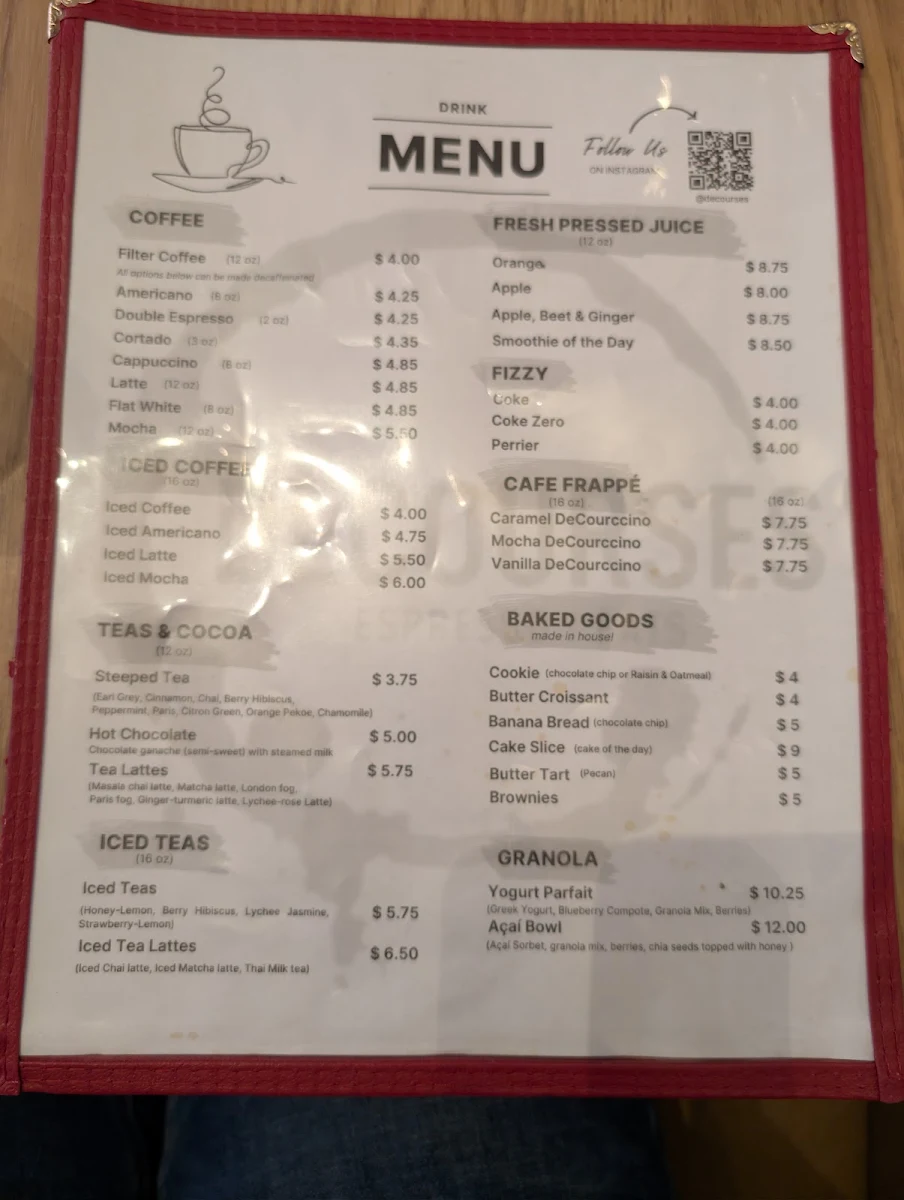 Menu, Decourses Café