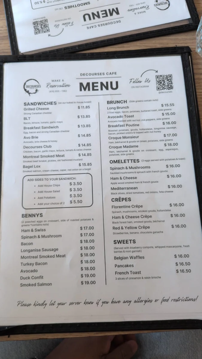 Menu, Decourses Café