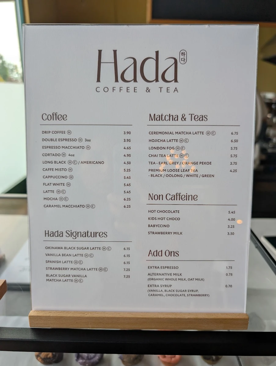 Menu, Hada at SpinHouse South Surrey