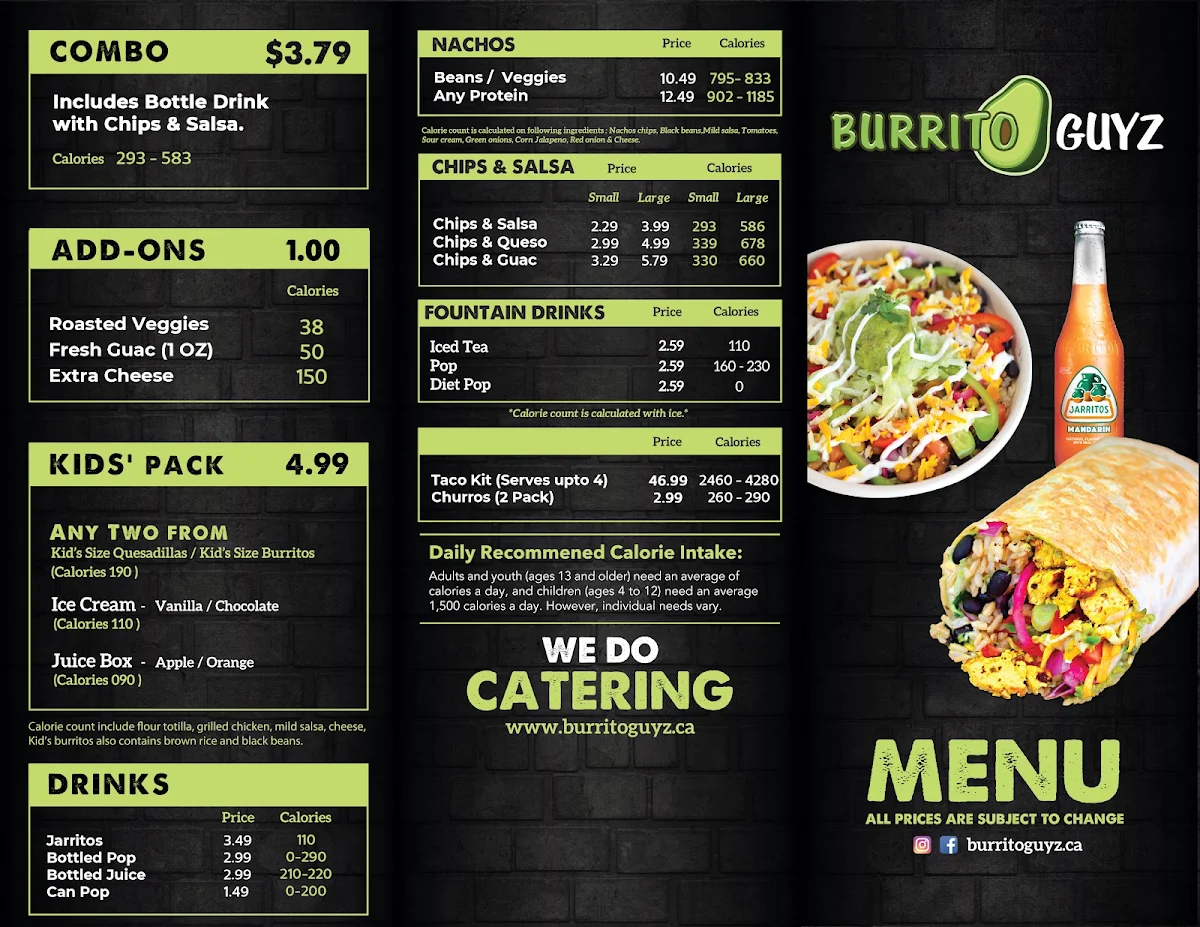 Menu, Burrito Guyz Timmins