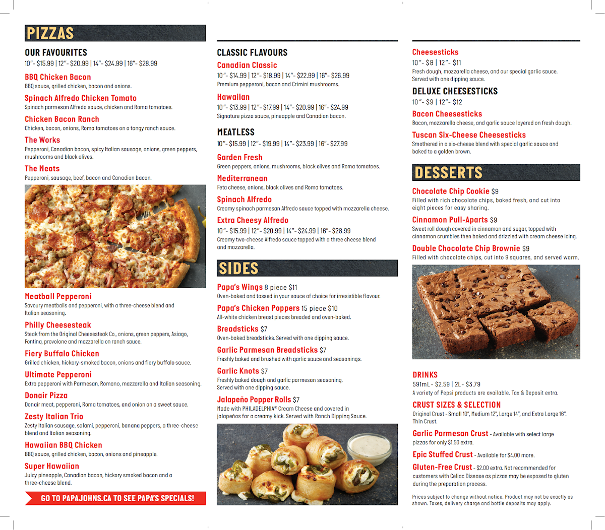 Menu, Papa Johns Pizza