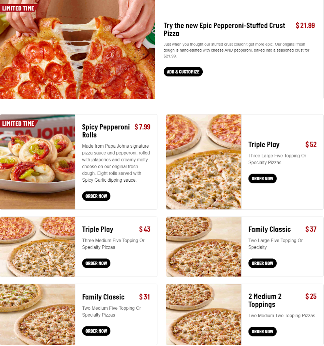 Menu, Papa Johns Pizza