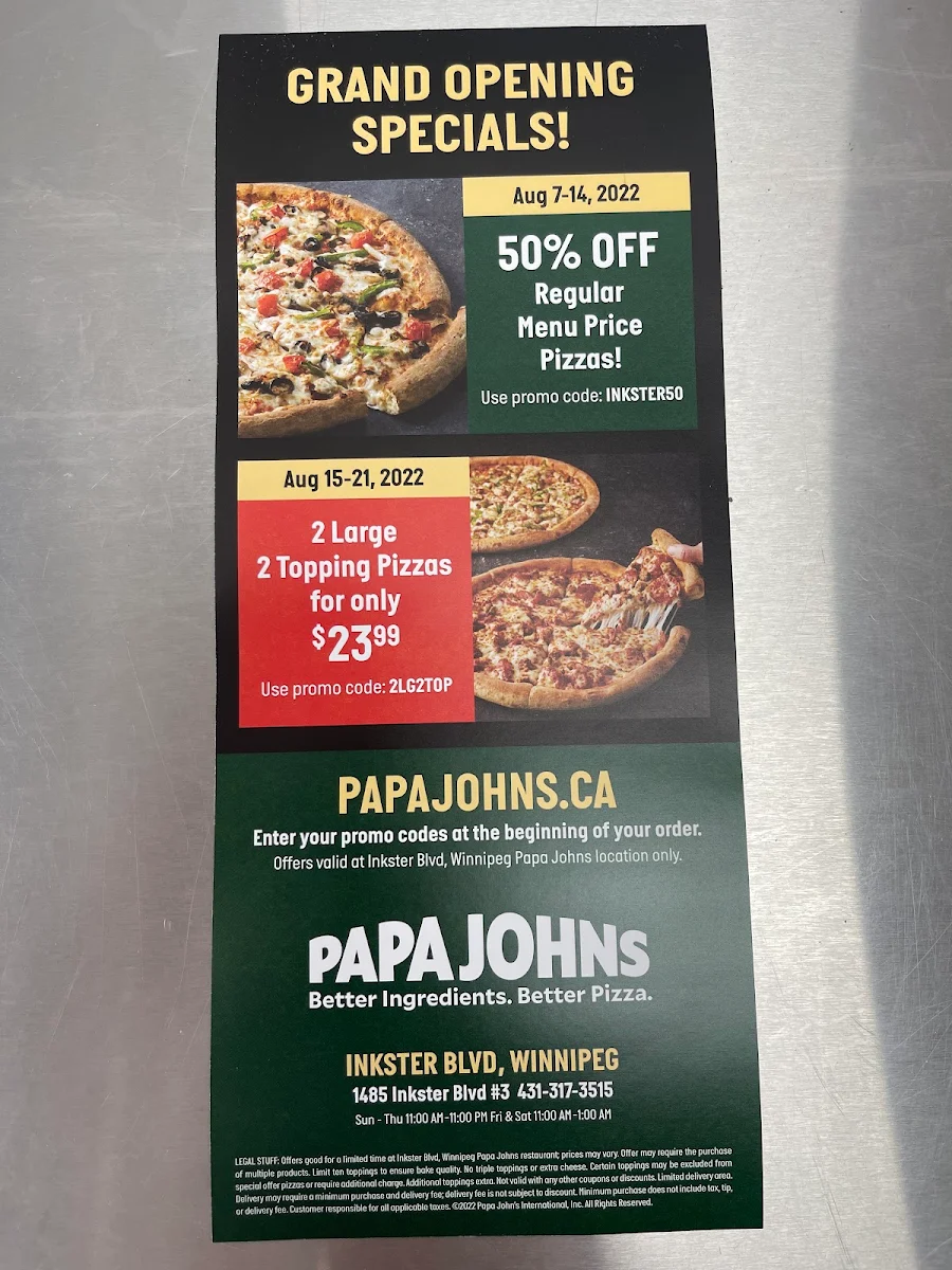 Menu, Papa Johns Pizza