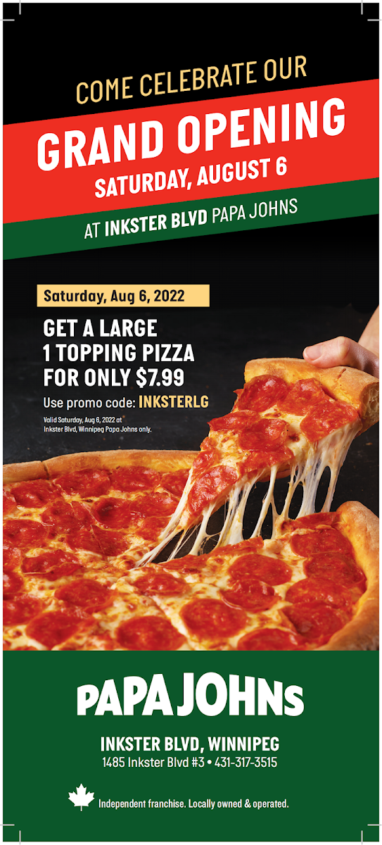 Menu, Papa Johns Pizza