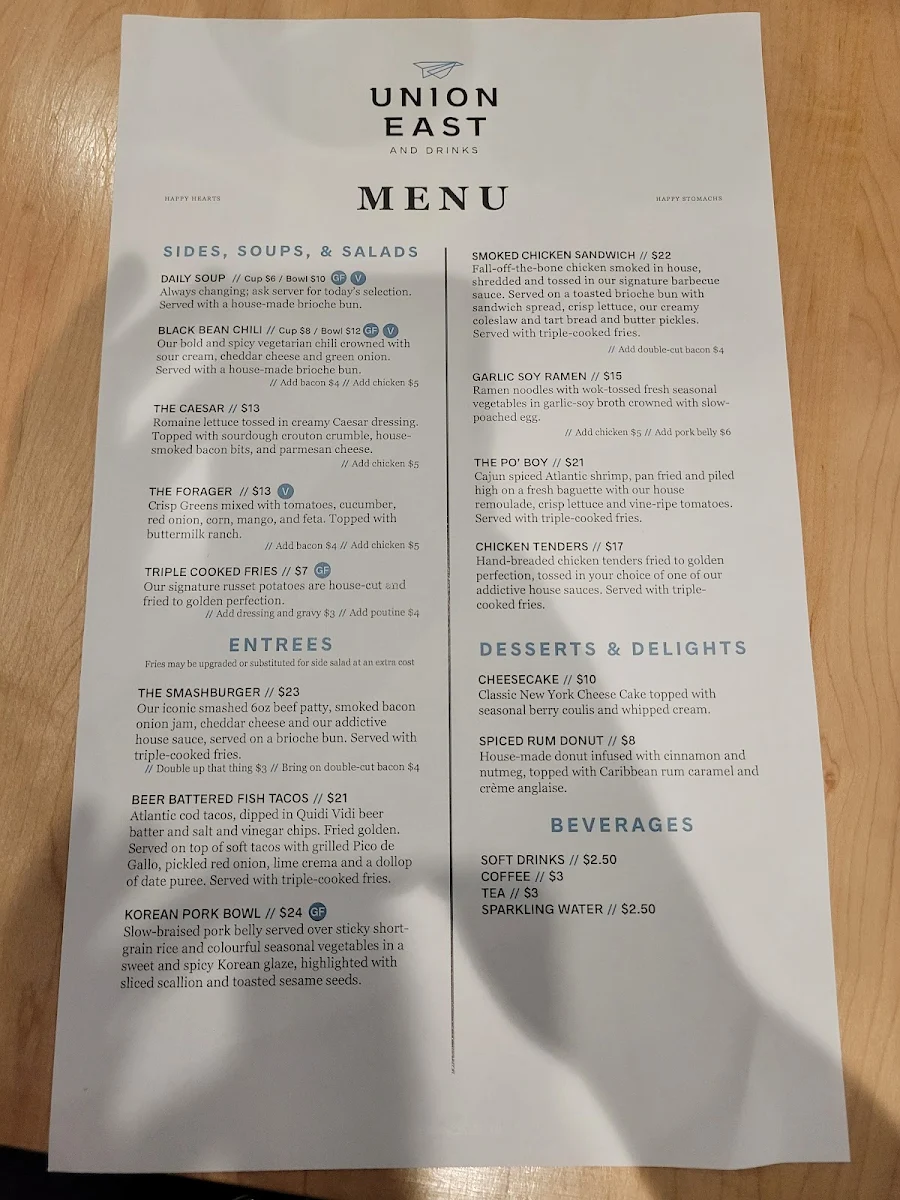 Menu, Union East & Drinks