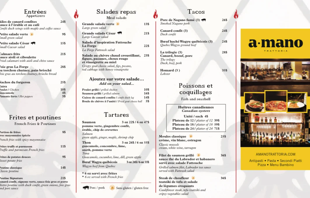 Menu, La Forge Bistro Bar & Grill