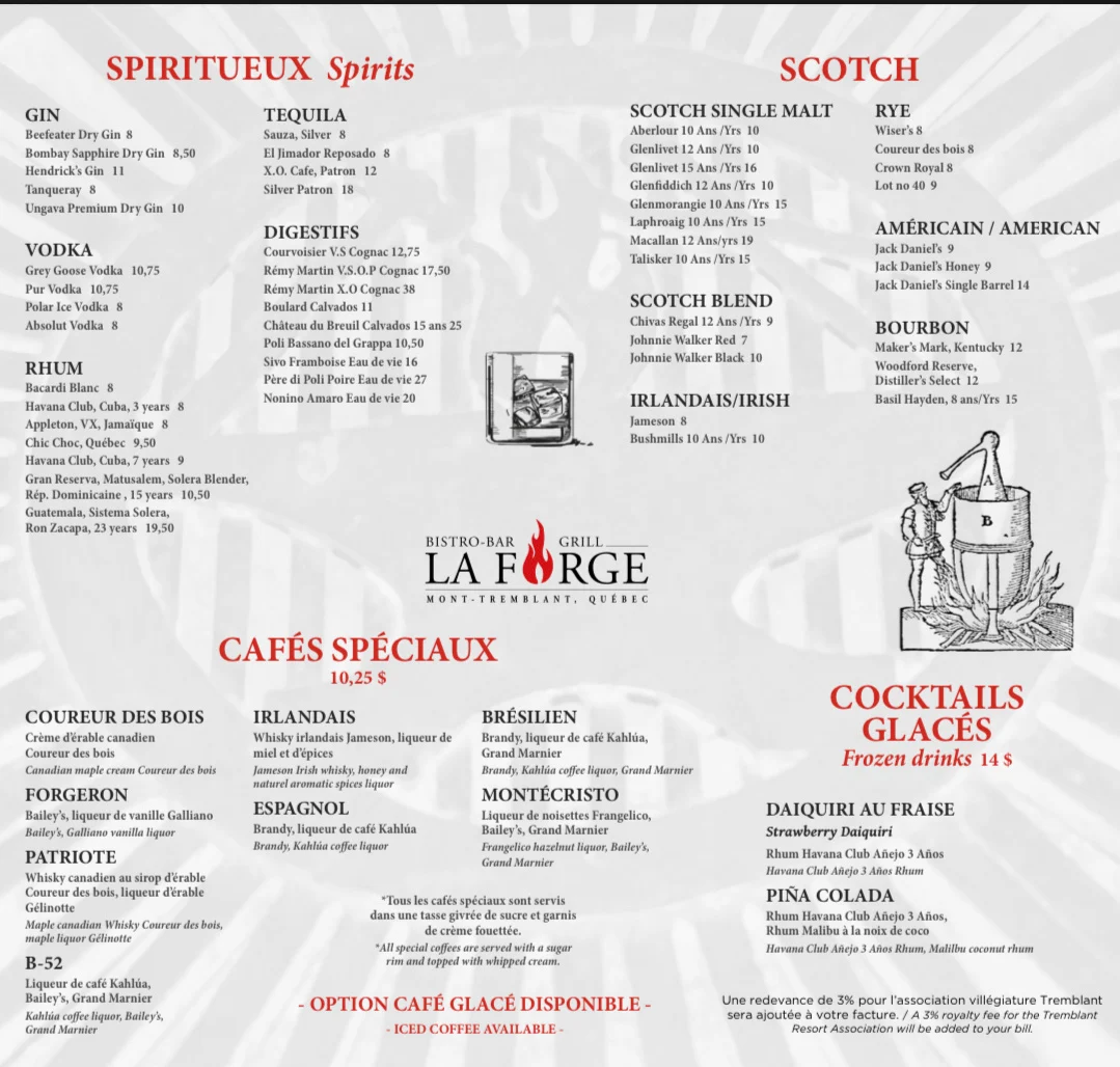 Menu, La Forge Bistro Bar & Grill