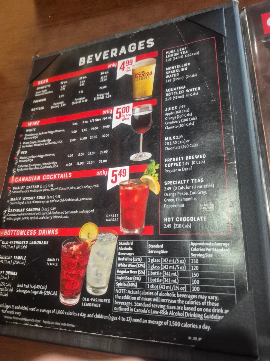 Menu, Swiss Chalet
