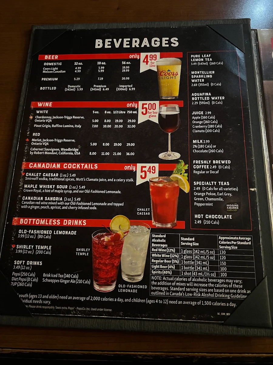 Menu, Swiss Chalet
