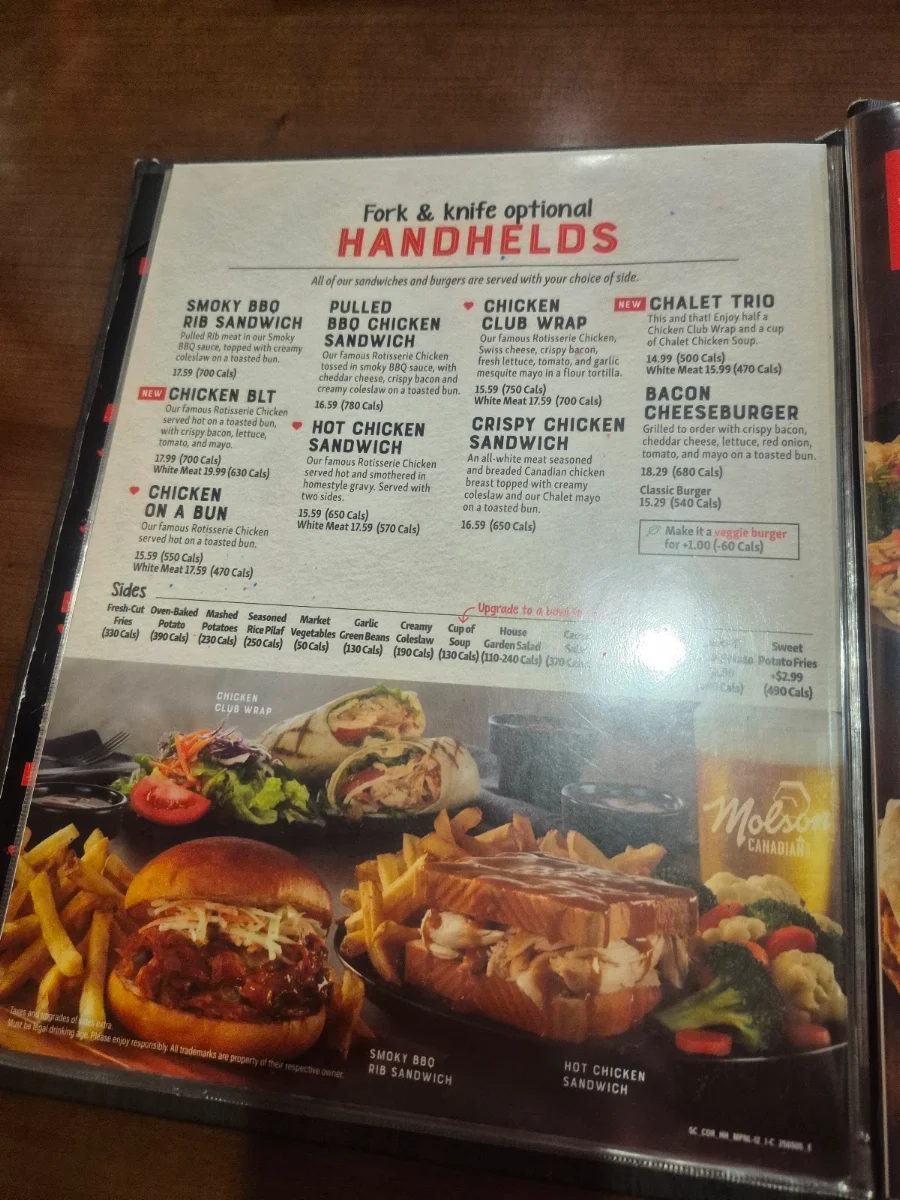 Menu, Swiss Chalet
