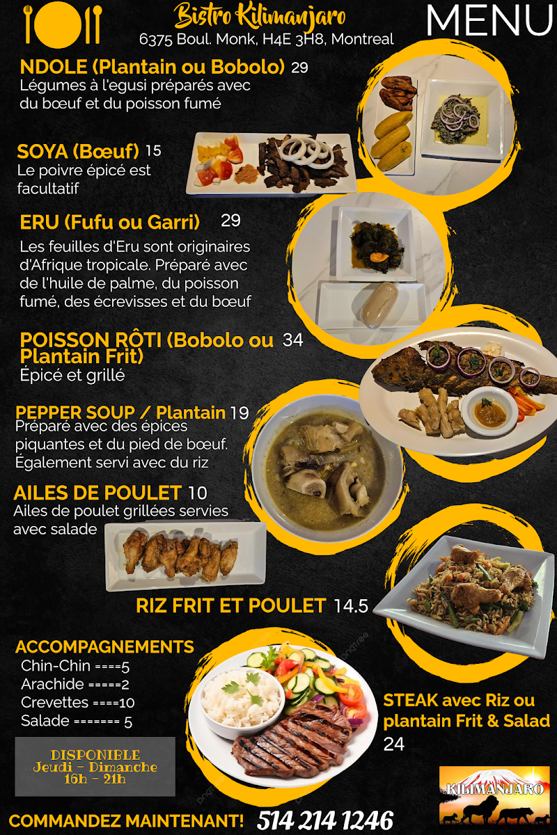 Menu, Kilimanjaro Bistro
