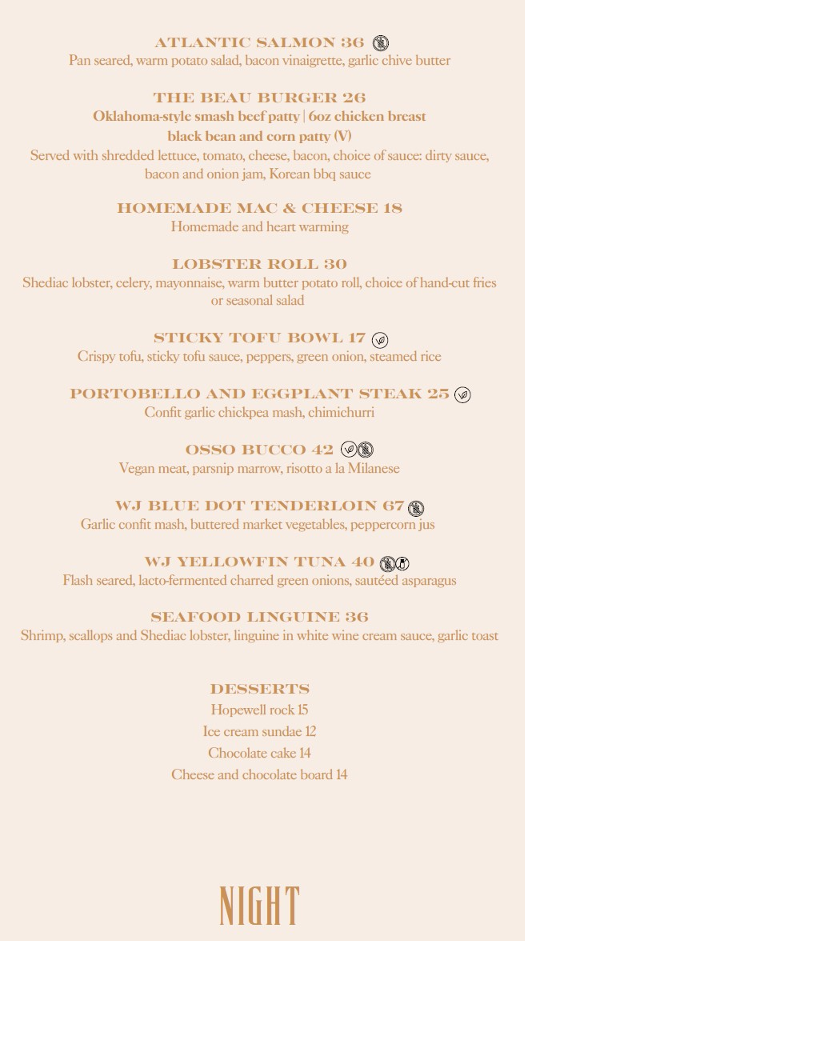 Menu, The Bar at The Beau