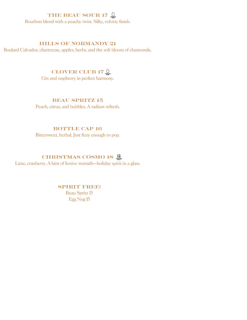 Menu, The Bar at The Beau
