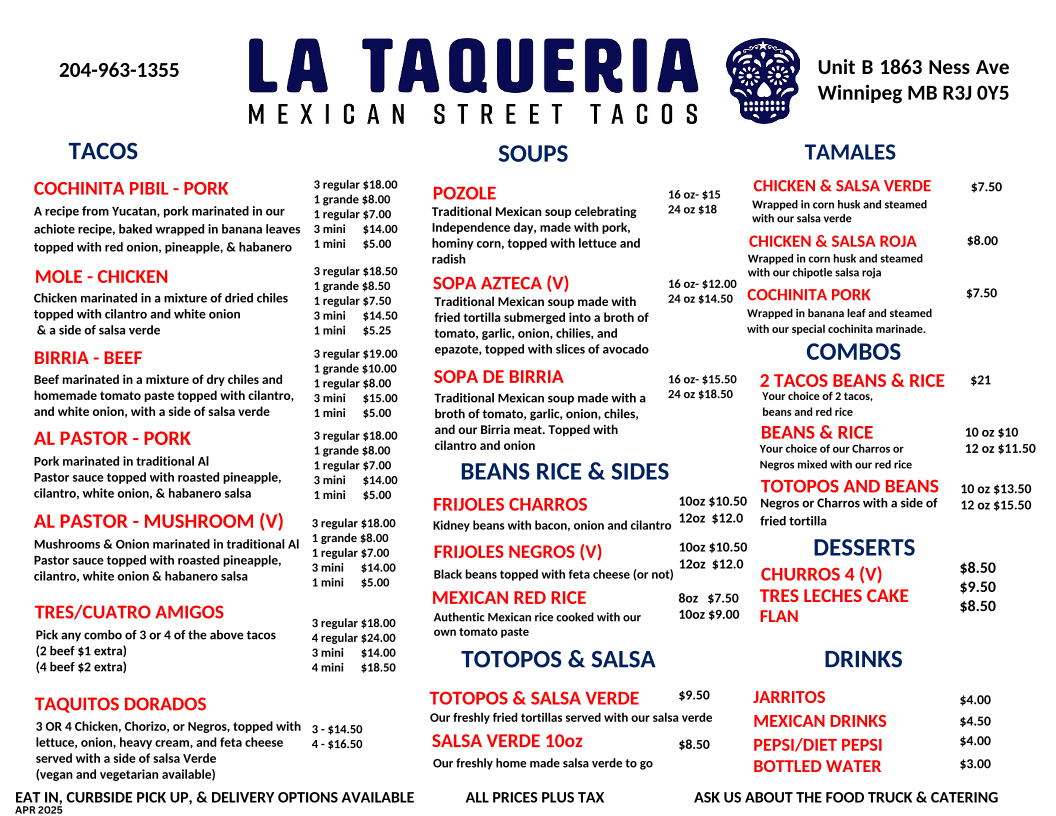 Menu, La Taqueria Mexican Street Tacos