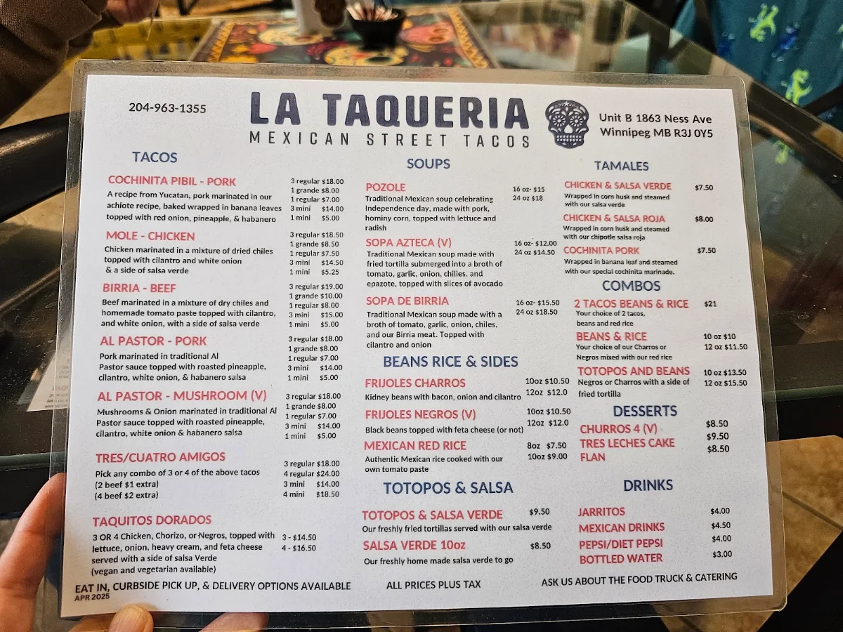 Menu, La Taqueria Mexican Street Tacos