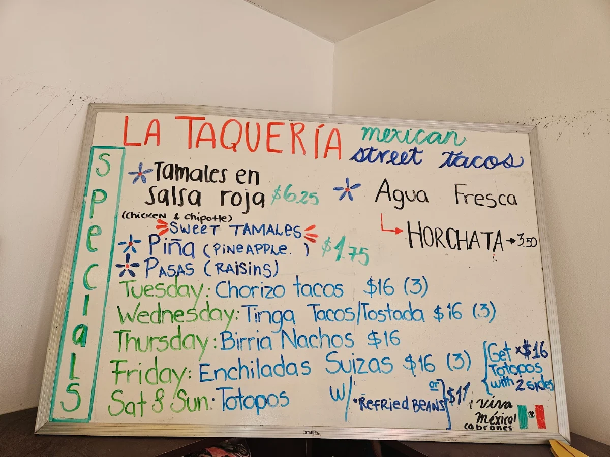Menu, La Taqueria Mexican Street Tacos