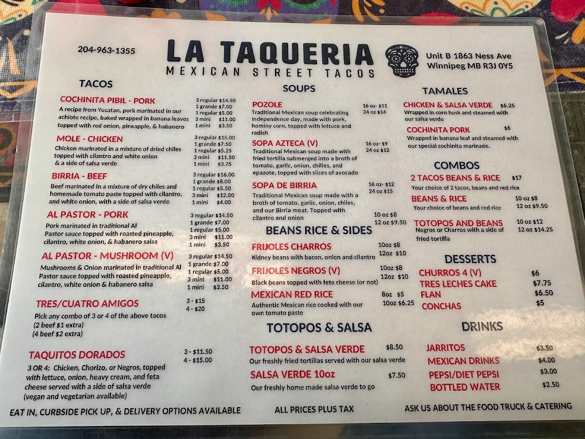 Menu, La Taqueria Mexican Street Tacos
