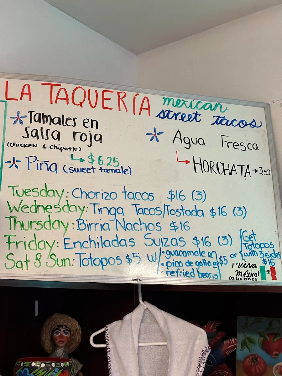 Menu, La Taqueria Mexican Street Tacos